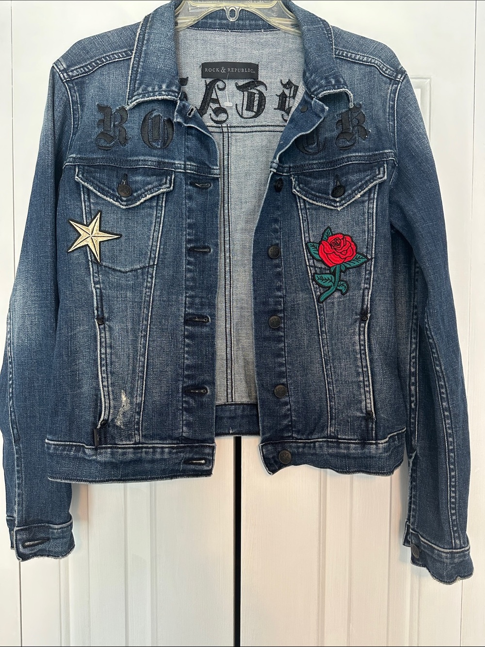 Rock & Republic Distressed Blue Denim Jacket with Red Rose & Gold Star Patches